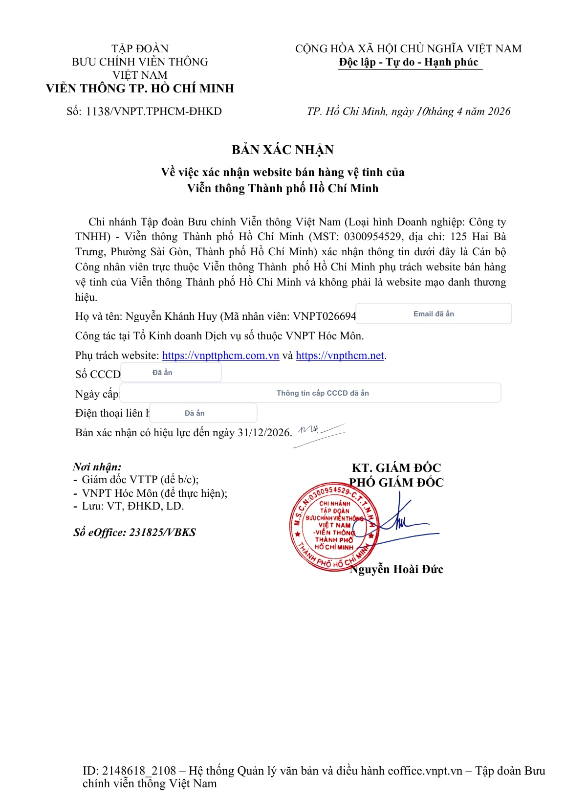 Bản xem trước văn bản số 1138/VNPT.TPHCM-ĐHKD xác nhận người phụ trách website vnpthcm.net