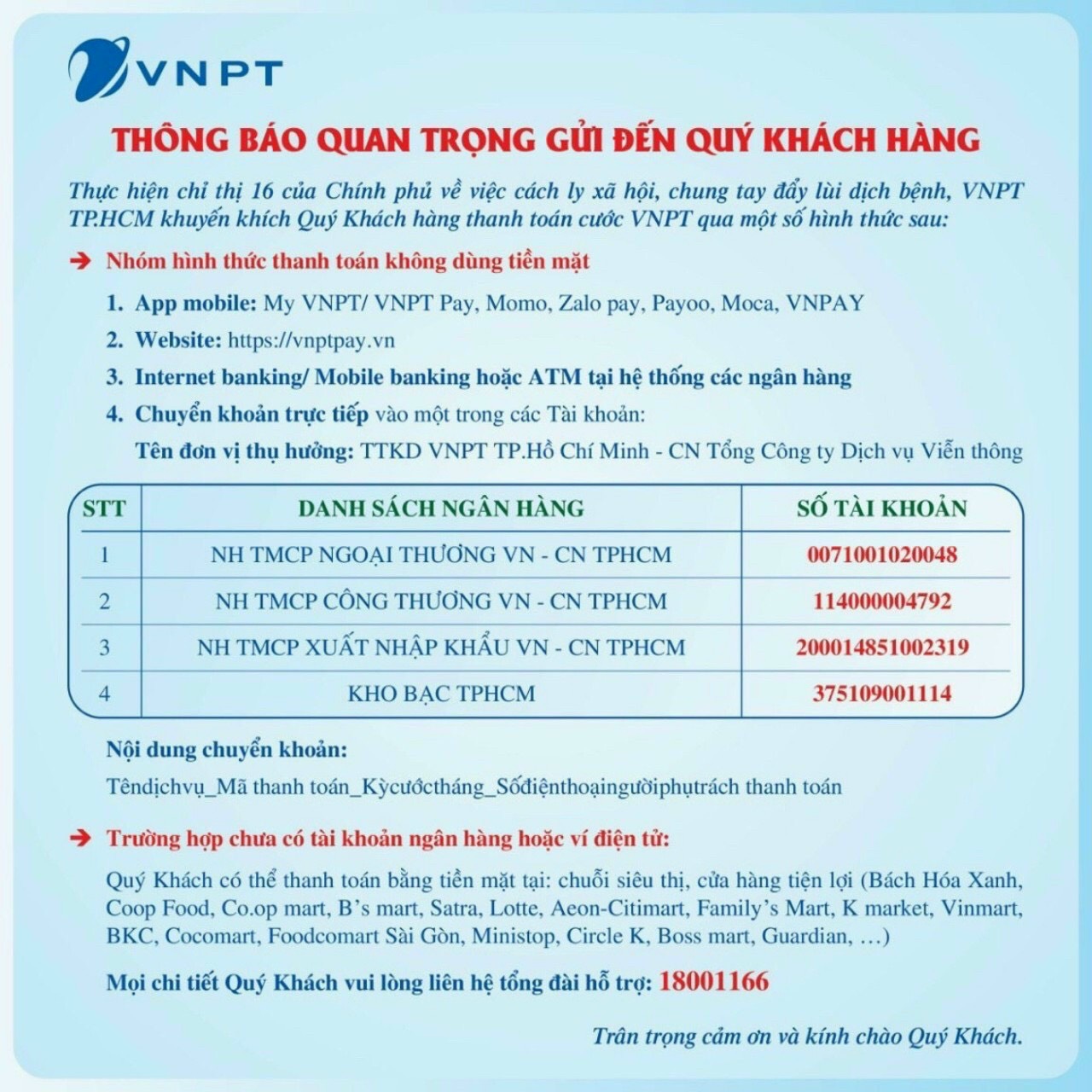 chung tay đẩy lùi dịch bệnh, VNPT TP.HCM khuyến khích Quý Khách hàng thanh toán không dùng tiền mặt  