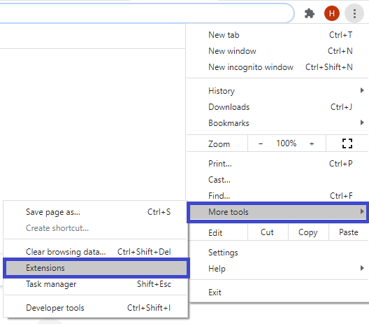 Mở Menu trên thanh công cụ Chrome và chọn More tools à Extensions