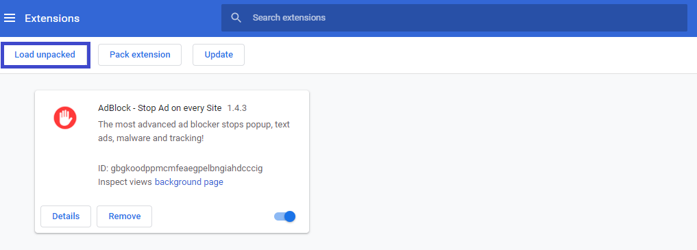 Kích chuột vào mục “Load unpacked” để Import extention vào Google Chrome.