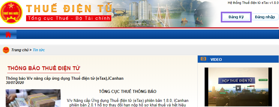 Click vào mục “Đăng ký” Tổng Cục Thuế