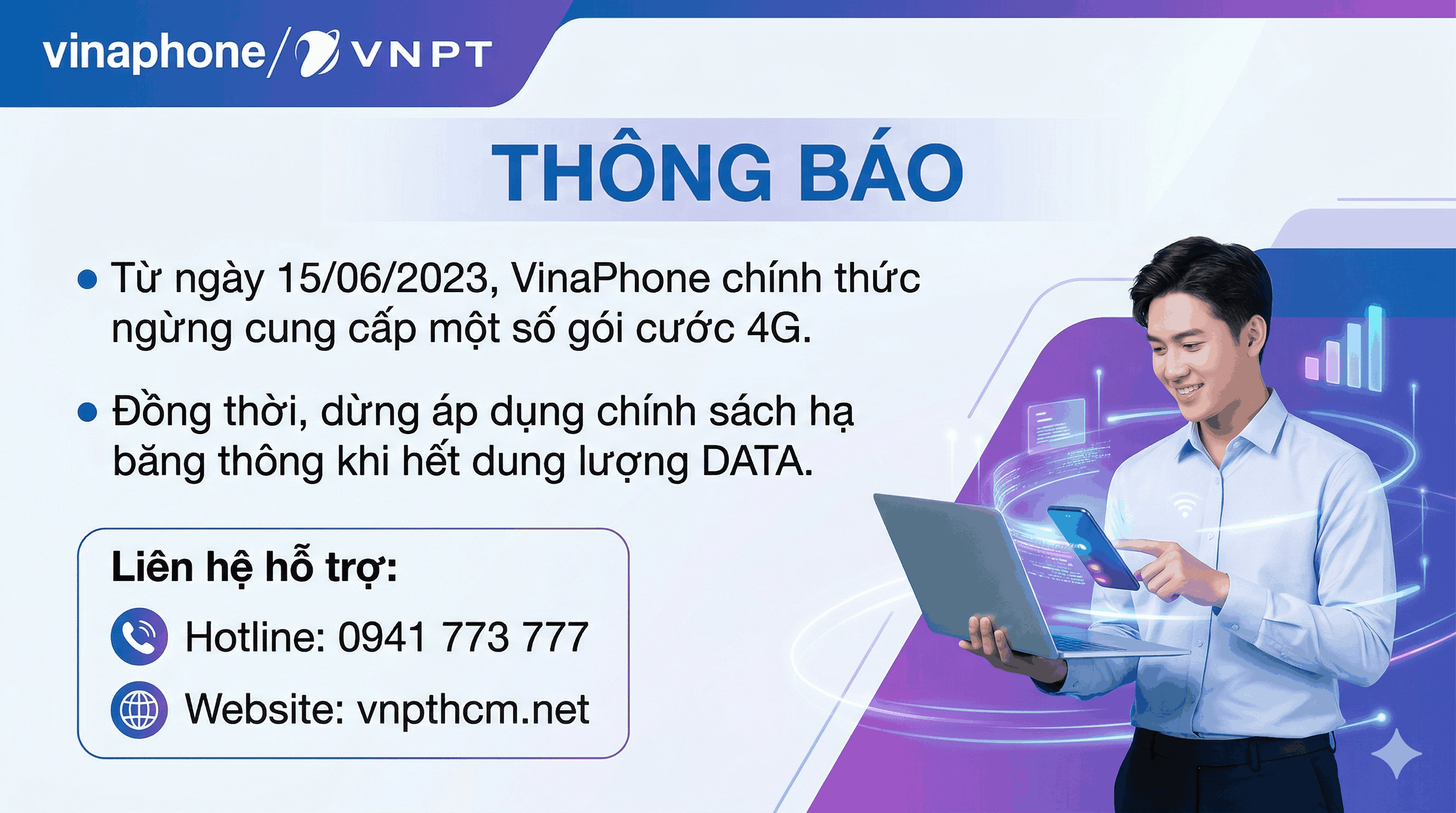 THÔNG BÁO: Từ ngày 15/6/2023 VinaPhone ngừng nhiều gói 4G và bỏ tính năng hạ băng thông khi hết dung lượng DATA