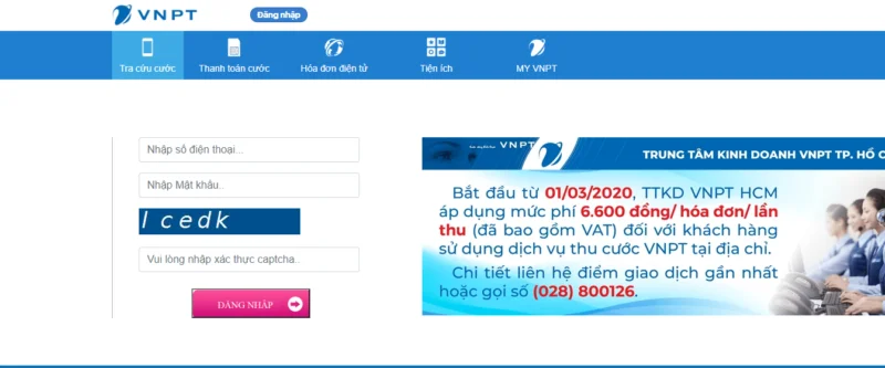 Giao diện đăng nhập hệ thống eBill VNPT để tra cứu hóa đơn
