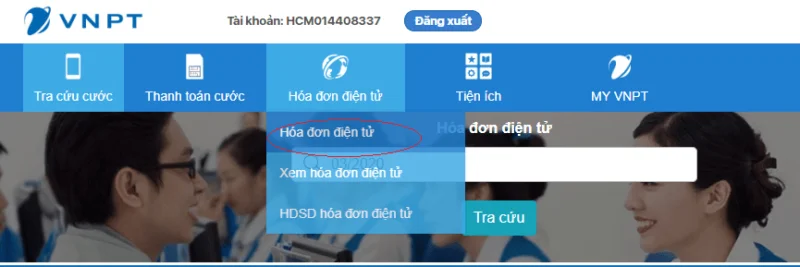 Chọn mục hóa đơn điện tử trên hệ thống eBill VNPT