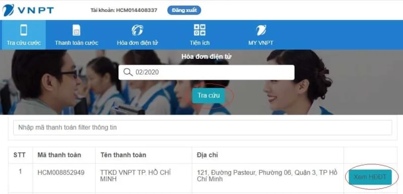 Chọn kỳ và xem hóa đơn điện tử VNPT trên hệ thống eBill
