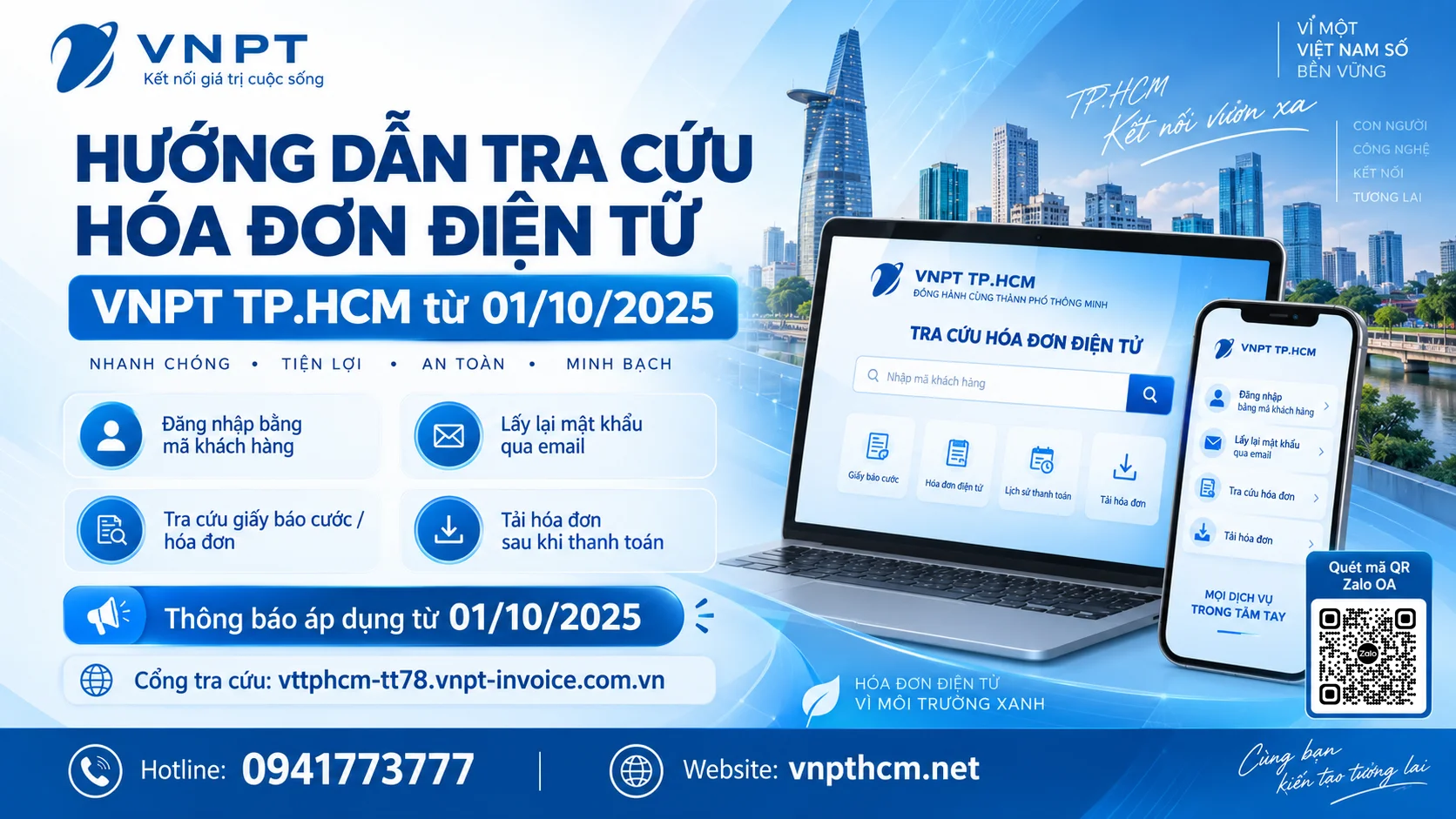 Hướng dẫn tra cứu hóa đơn điện tử VNPT TP.HCM từ 01/10/2025